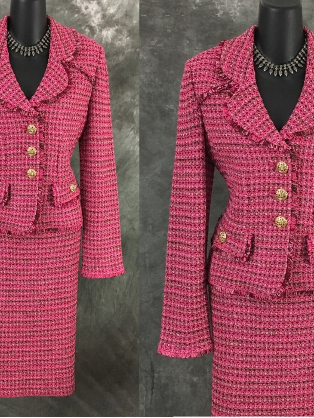 BEAUTIFUL St John knit pink multi fringe jacket skirt suit size 6 8 - Picture 2 of 10